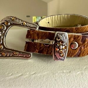 Calf leather brown belt with silver trim by White Sand